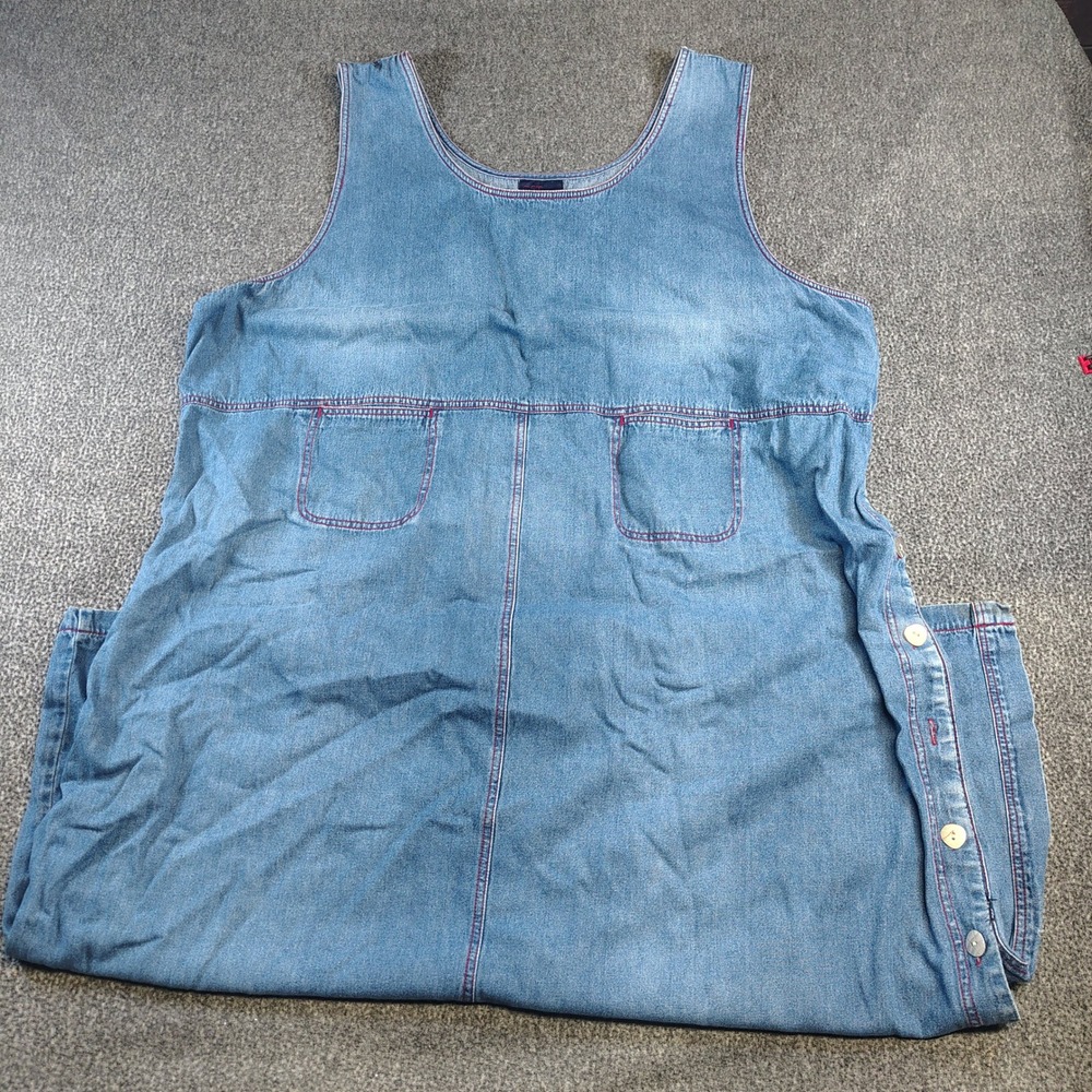 CST Blues Denim Jumper Dress Women 30W Blue Red Contrast Stitch Maxi Vintage